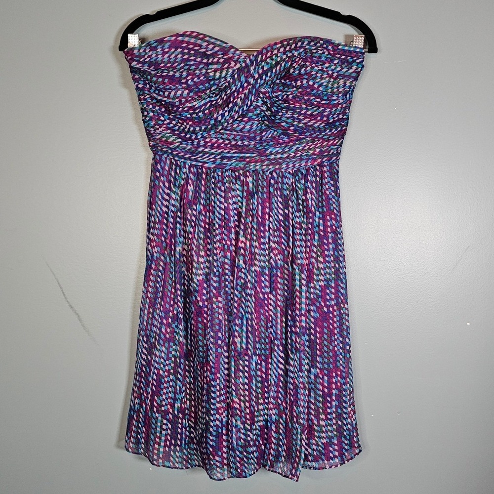 236. Shoshanna Shirred Pixie Stix Strapless Silk Dress Purple Blue Geometric 0 - Picture 2 of 7